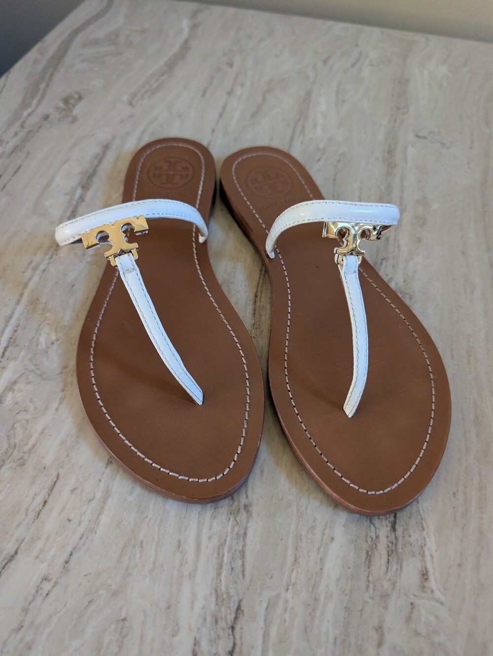 Tory Burch Half Moon White Leather Logo Flip Flop Sandals